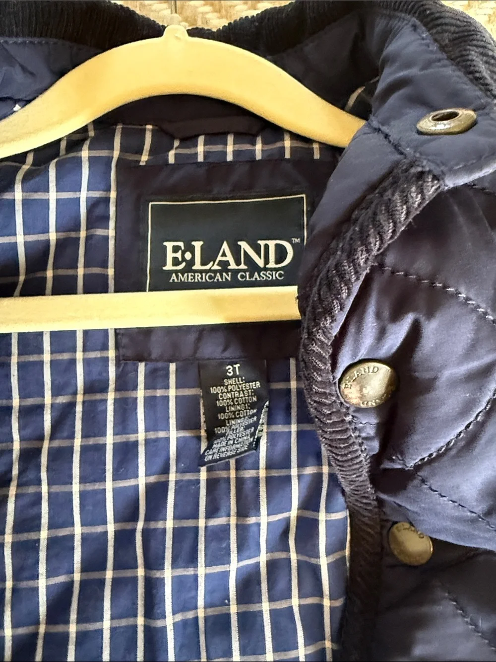 E Land Kids Navy Quilted Jacket with Corduroy Collar